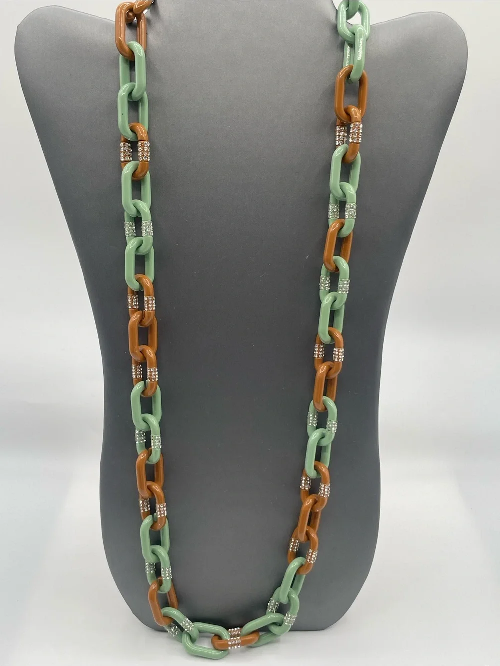 J.Crew Long Chunky Chain-Link Necklace w/ Green & Brown Resin/Rhinestone Accents